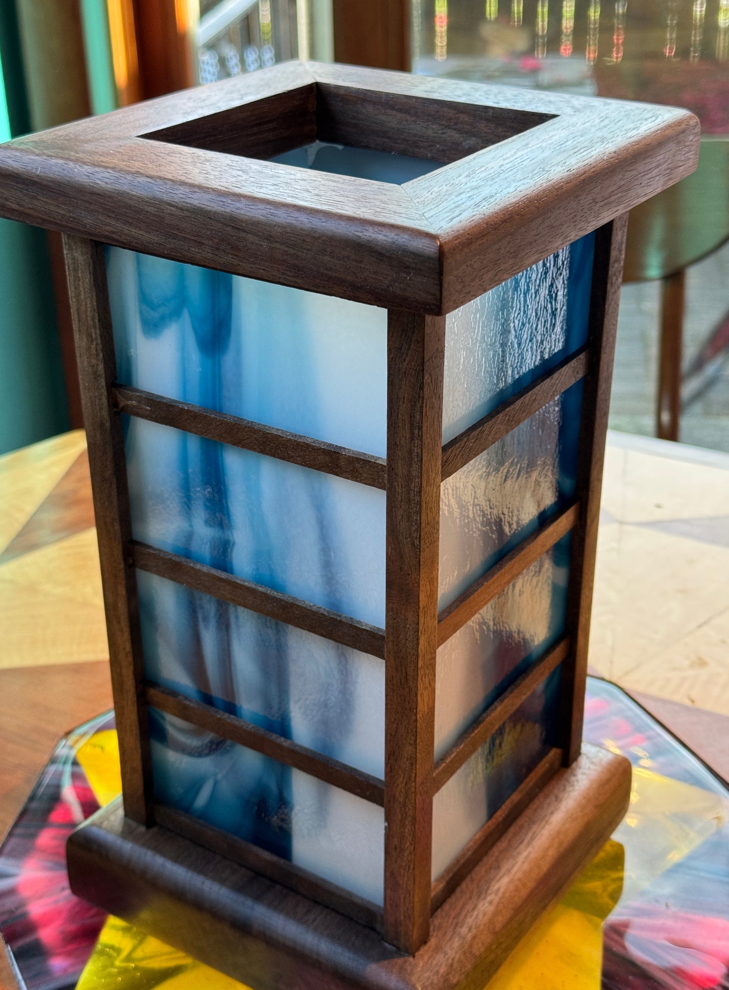 Lantern Lamp: Blue & White in Walnut