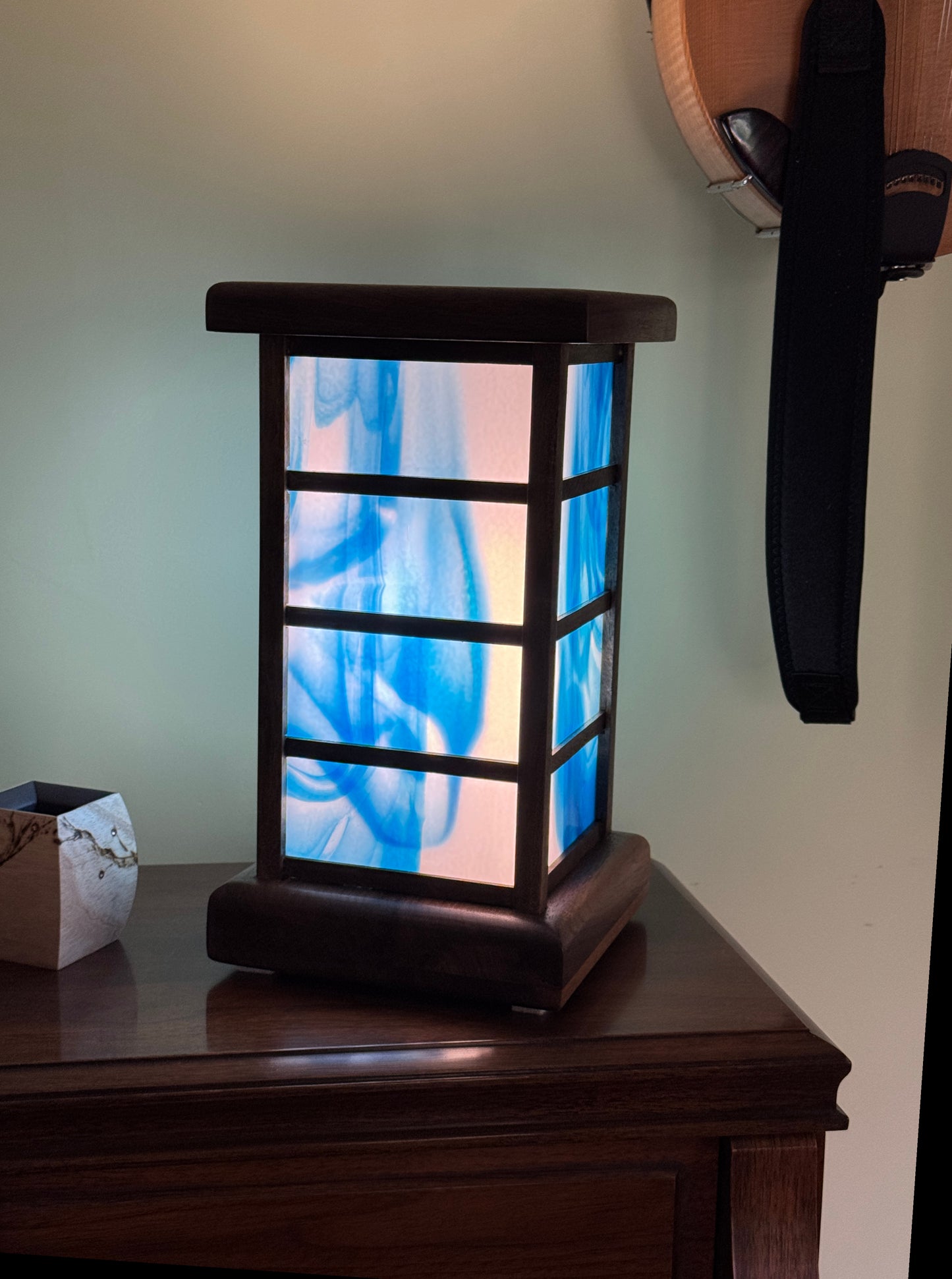 Lantern Lamp: Blue & White in Walnut