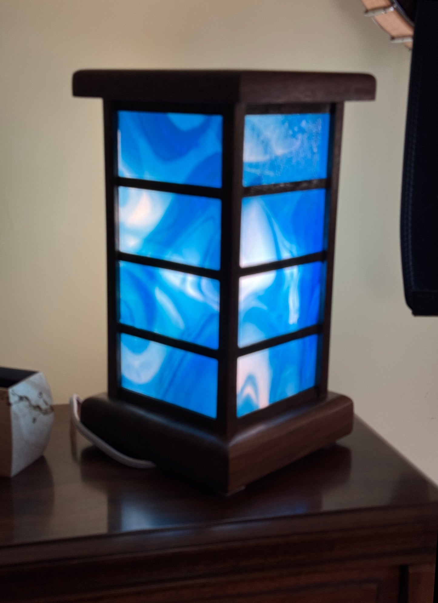 Lantern Lamp: Blue & White in Walnut