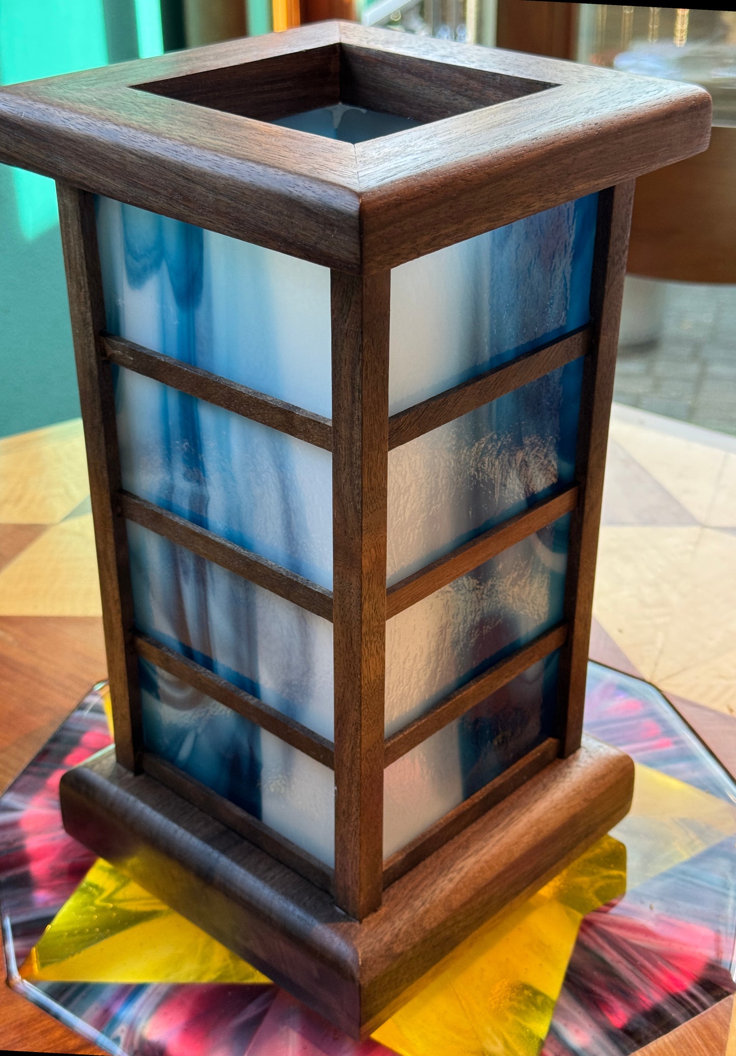 Lantern Lamp: Blue & White in Walnut