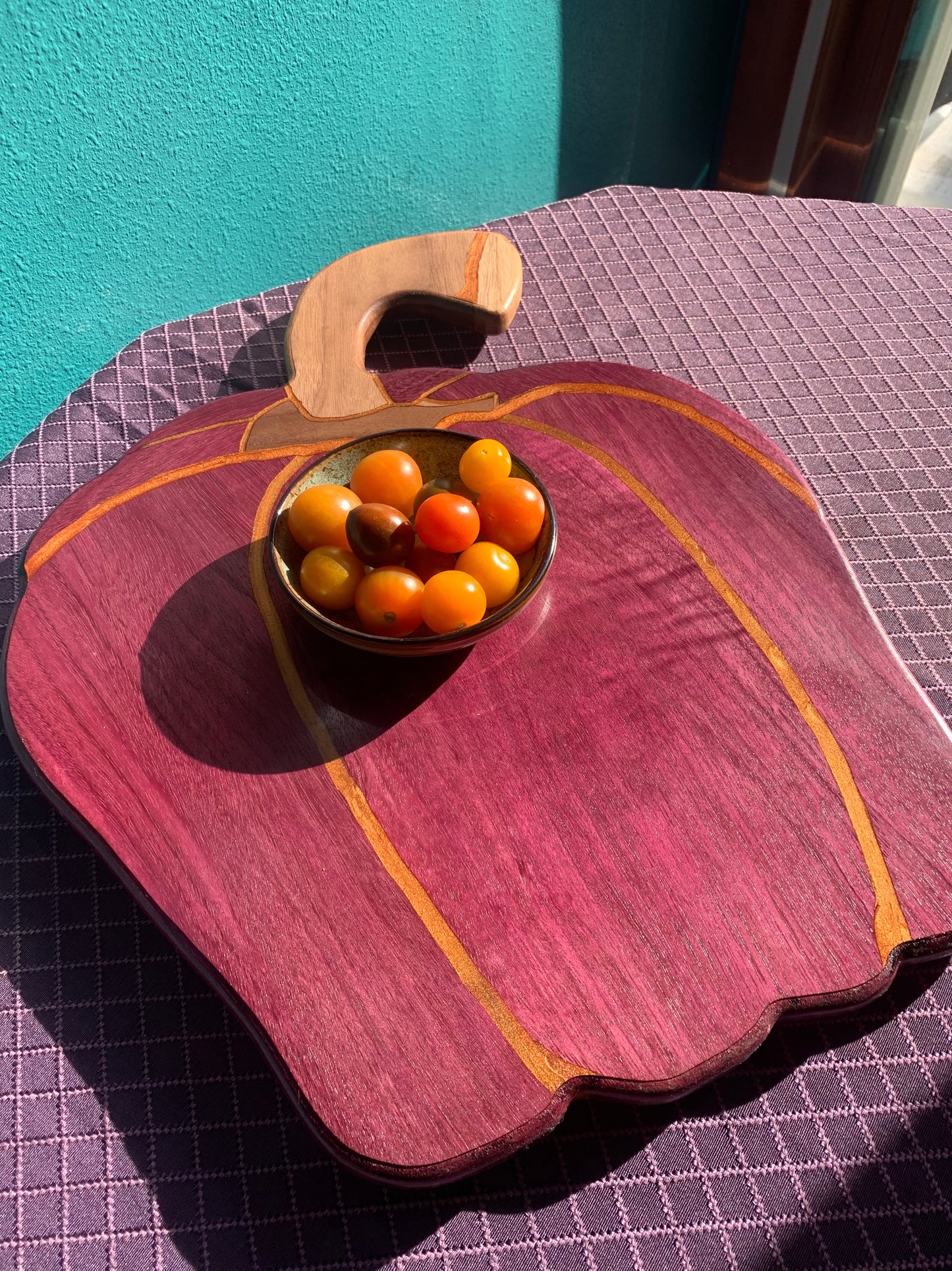 Purpleheart, walnut with copper epoxy inlay